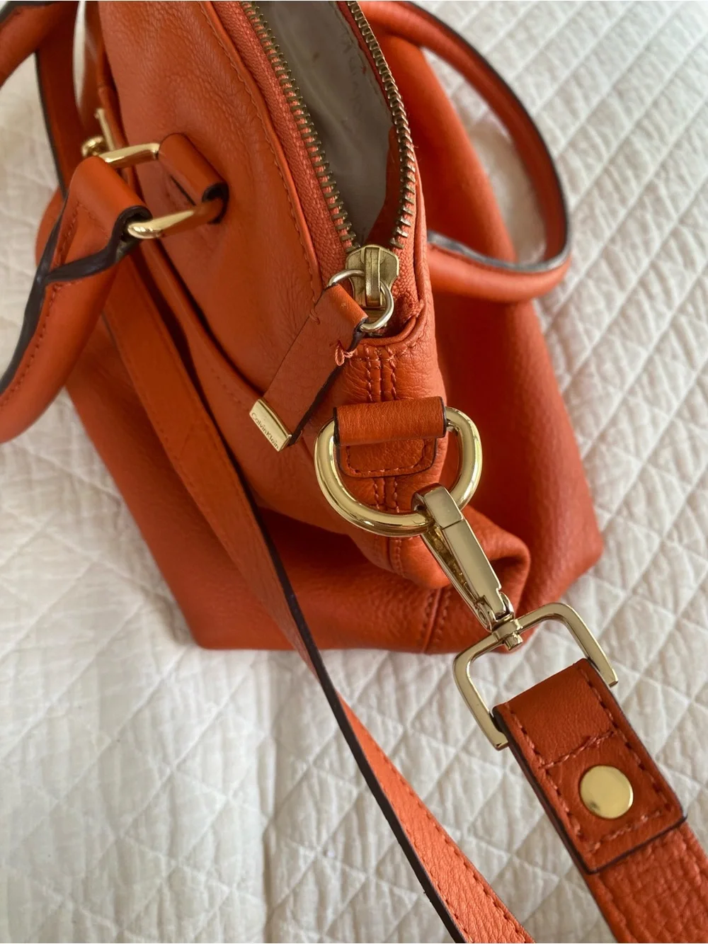 Calvin Klein Burt Orange Leather Satchel Tote Removable Strap Classic Bag Autumn